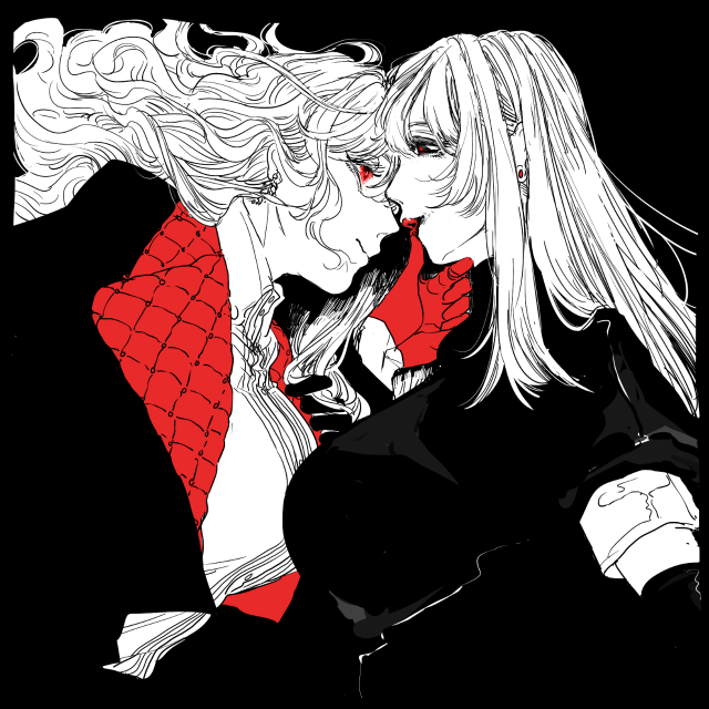 2girls, black_background, bobbbob, breasts, collared_shirt, earrings, eye_contact, floating_hair, from_side, gloves, half_gloves, hand_on_another's_chin, huge_breasts, jacket, jewelry, lipstick, long_hair, looking_at_another, makeup, monochrome, multiple_girls, original, profile, red_eyes, shirt, smile, spot_color, wavy_hair, yuri