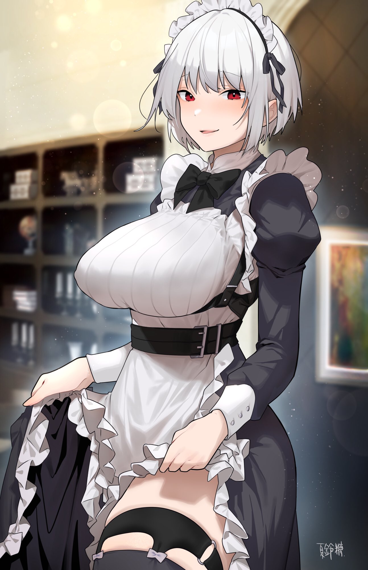 1girl, blurry, blurry_background, bow, bowtie, breasts, clothes_lift, covered_nipples