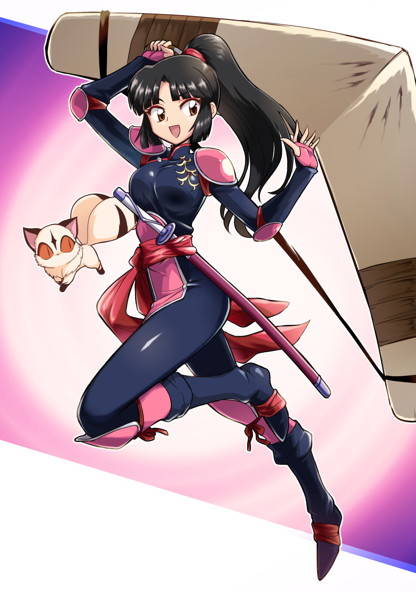 :d, absurdres, armor, bangs, black_hair, bodysuit, boomerang, elbow_pads