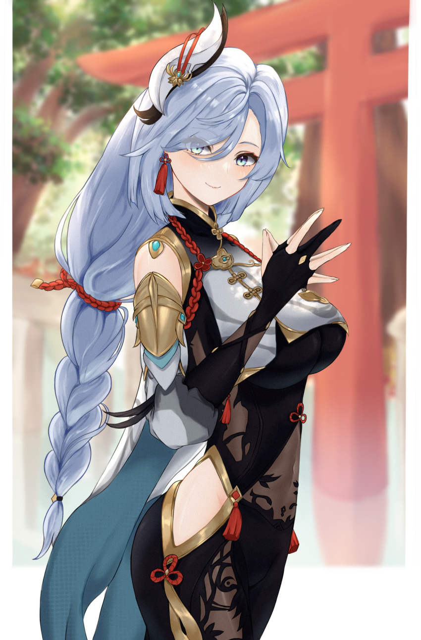 1girl, absurdres, blurry, blurry_background, bodysuit, border, braid, braided_ponytail