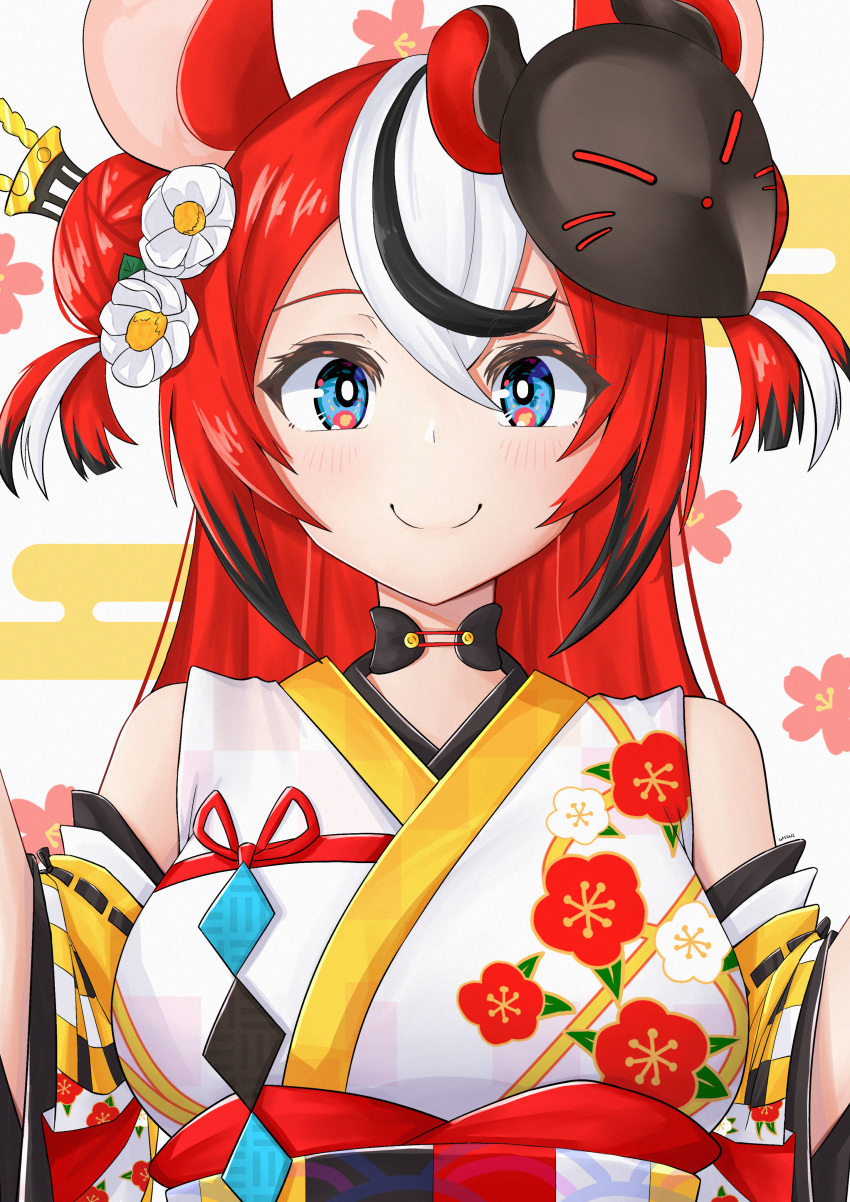 1girl, absurdres, animal_ears, blue_eyes, detached_sleeves, double_bun, egasumi, floral_background, floral_print, flower, gestalt_75, hair_flower, hair_ornament, hakos_baelz, highres, hololive, hololive_english, japanese_clothes, kimono, long_hair, mouse_ears, mouse_mask, multicolored_hair, redhead, smile, virtual_youtuber