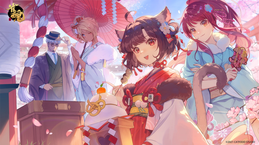 1boy, 3girls, ahoge, animal_ears, bangs, beard, black_hair, blonde_hair