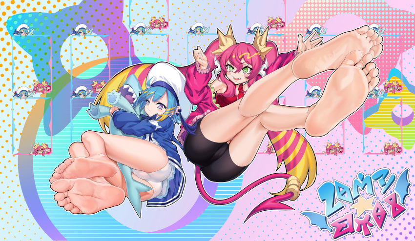 2girls, absurdres, barefoot, bike_shorts, blue_hair, fangs, feet, green_eyes