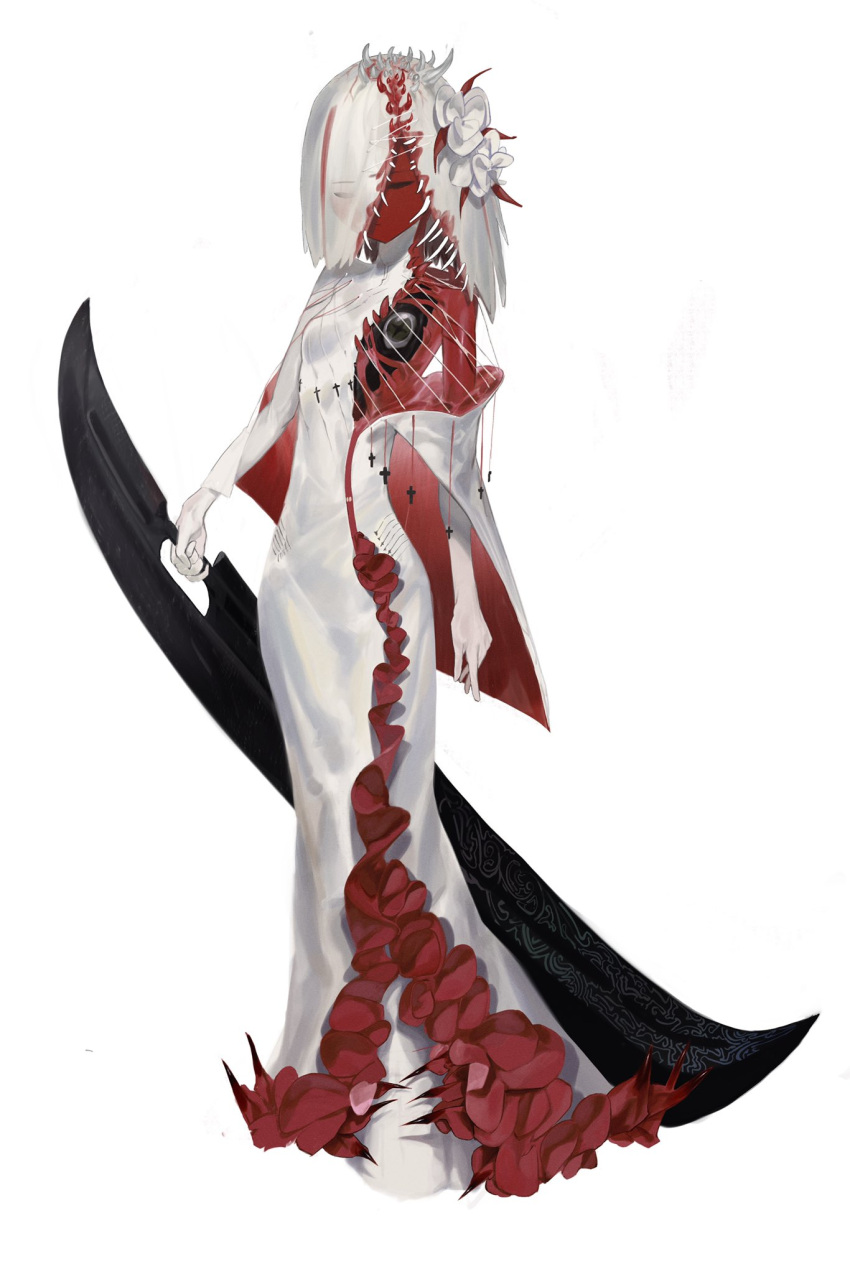 1girl, blade, blood, closed_eyes, closed_mouth, cross, dress, extra_teeth