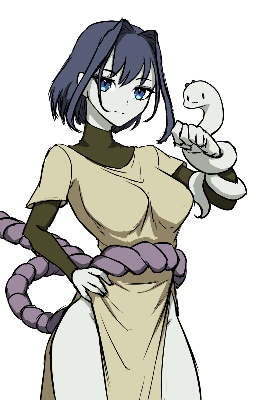 absurdres, blue_eyes, blue_hair, boros_(ouro_kronii), cosplay, day-tan, daydarion, hair_intakes, headband, highres, hololive, hololive_english, long_sleeves, looking_at_viewer, naruto, naruto_(series), orochimaru_(naruto), orochimaru_(naruto)_(cosplay), ouro_kronii, short_hair, simple_background, virtual_youtuber