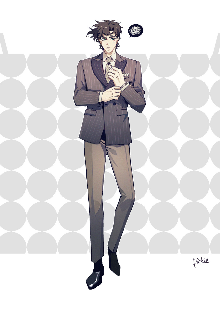 1boy, absurdres, adjusting_cuffs, battle_tendency, brown_hair, formal, green_eyes, highres, jojo_no_kimyou_na_bouken, joseph_joestar, joseph_joestar_(young), looking_down, male_focus, necktie, pickieeeee, pinstripe_pattern, pinstripe_suit, solo, spiky_hair, spoken_squiggle, squiggle, striped, suit, sweatdrop, wrist_cuffs