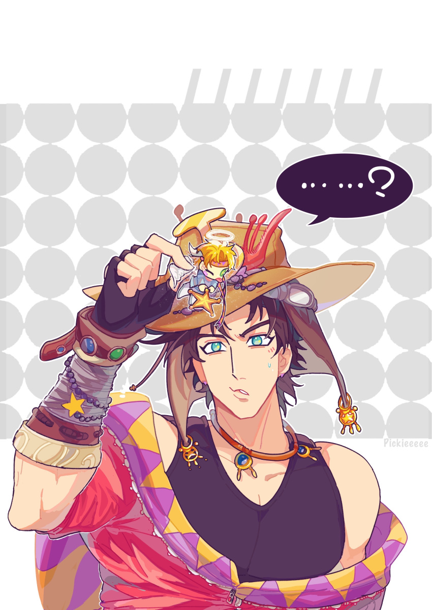 ...?, 2boys, absurdres, angel_wings, bare_shoulders, battle_tendency, blonde_hair, blue_jacket, bracelet, bracer, brown_hair, caesar_anthonio_zeppeli, chibi, confused, facial_mark, fingerless_gloves, gloves, green_eyes, halo, hat, highres, jacket, jewelry, jojo_no_kimyou_na_bouken, joseph_joestar, joseph_joestar_(young), male_focus, miniboy, multiple_boys, off_shoulder, official_alternate_costume, partially_unzipped, pectoral_cleavage, pectorals, pickieeeee, star_(symbol), star_ornament, sweatdrop, tongue, tongue_out, triangle_print, wings