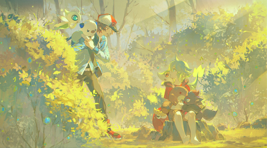 2boys, alannoran, bag, barefoot, belt, belt_buckle, black_belt, black_eyes, black_shirt, blue_eyes, blue_jacket, brown_eyes, brown_hair, brown_shorts, buckle, celebi, darumaka, forest, green_hair, grey_pants, hat, highres, hilbert_(pokemon), hug, jacket, long_hair, long_sleeves, looking_at_another, messenger_bag, multiple_boys, n_(pokemon), nature, on_lap, on_shoulder, open_mouth, oshawott, pants, poke_ball_print, pokemon, pokemon_(game), pokemon_bw, red_footwear, red_headwear, red_shirt, sentret, shirt, shoes, short_hair, shorts, shoulder_bag, sitting, snivy, standing, t-shirt, zorua