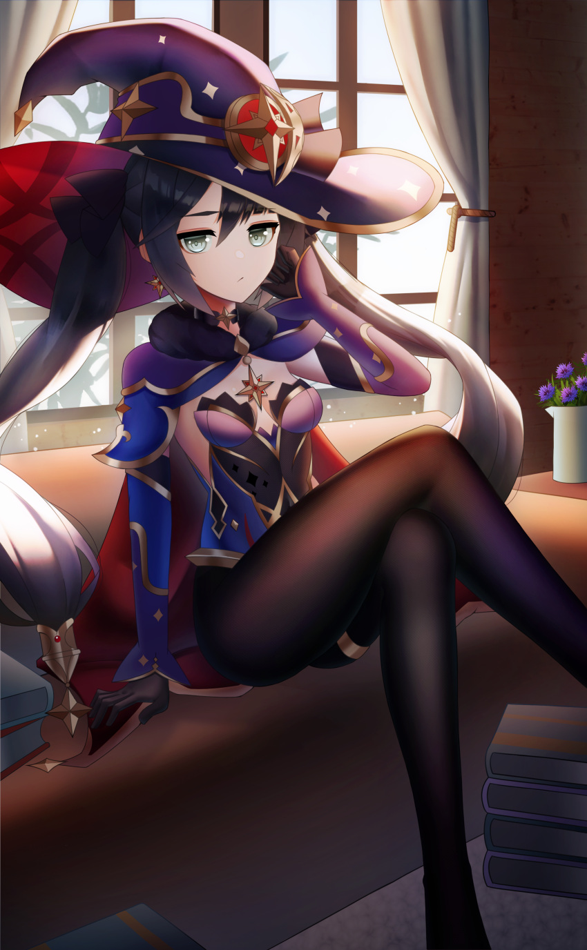 1girl, absurdres, bangs, black_gloves, black_hair, black_legwear, blue_leotard, bodystocking