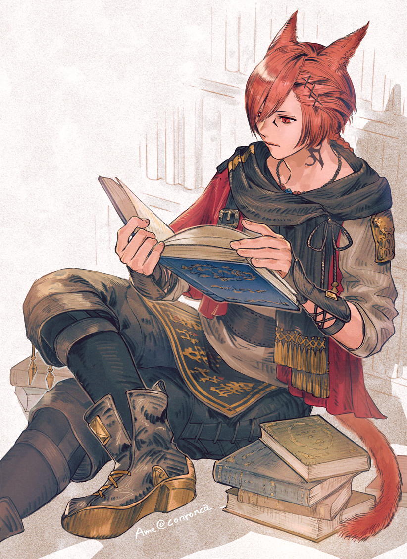 1boy, against_bookshelf, ame_(conronca), animal_ears, bangs, black_pants, black_scarf, book