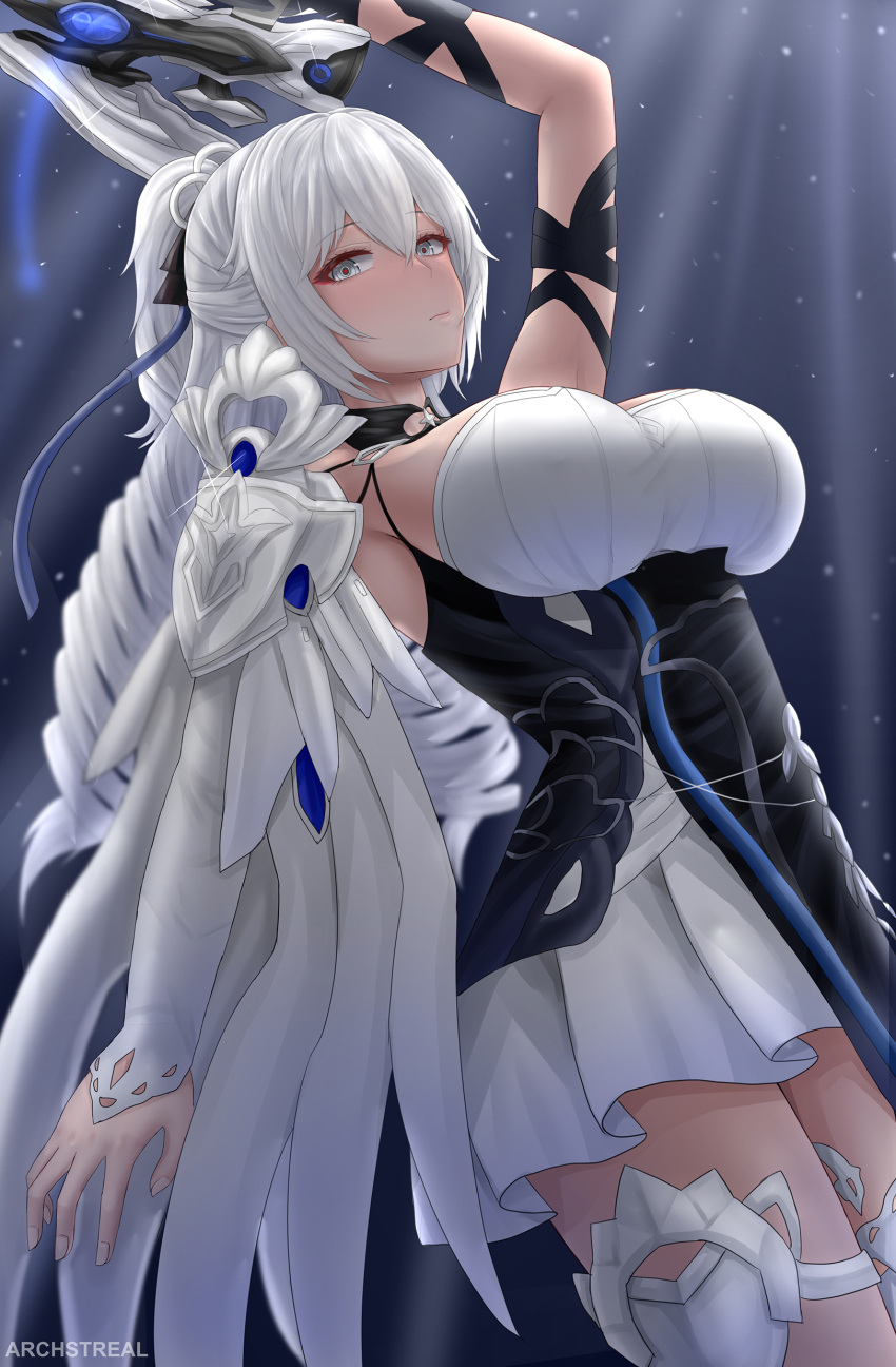 1girl, absurdres, archstreal, arm_up, bangs, blush, bronya_zaychik, bronya_zaychik_(silverwing:_n-ex)