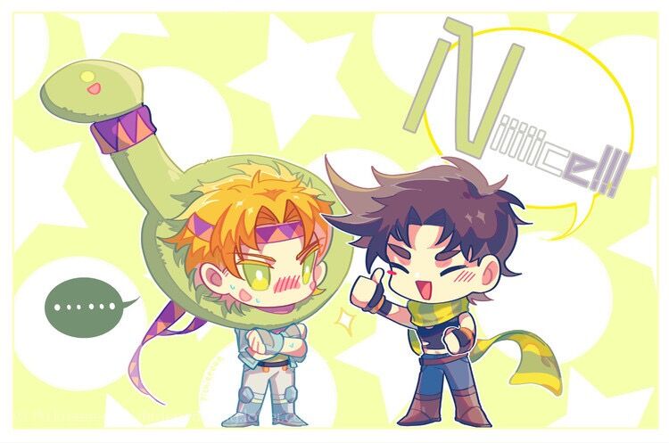 2boys, battle_tendency, blonde_hair, blue_jacket, boots, brown_hair, caesar_anthonio_zeppeli, chibi