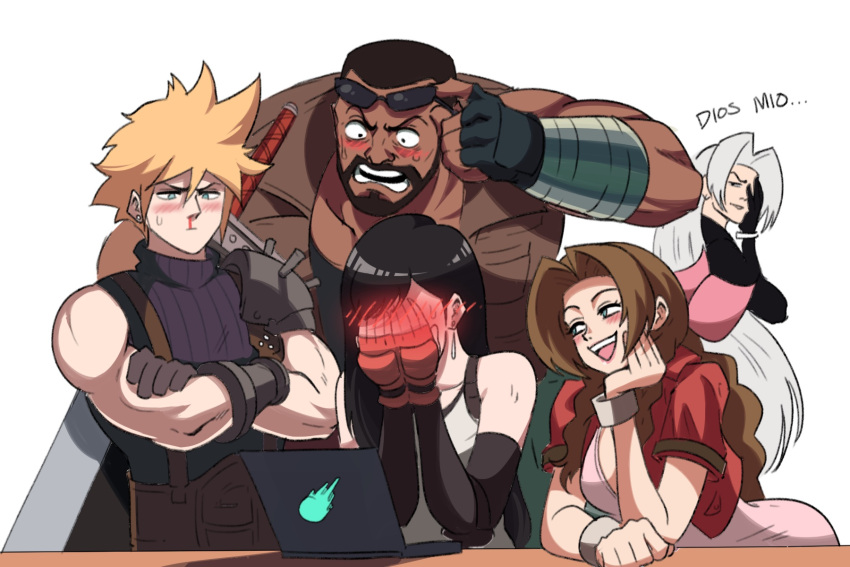 2girls, 3boys, aerith_gainsborough, bangs, barret_wallace, black_gloves, black_hair, blonde_hair