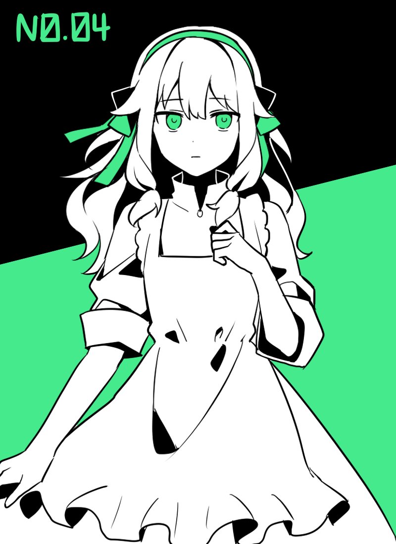 1girl, apron, bangs, bow, bow_hairband, closed_mouth, commentary, cosplay, cowboy_shot, dress, expressionless, flat_color, green_background, green_eyes, green_hairband, green_theme, hair_bow, hair_flaps, hairband, kagerou_project, kozakura_marry, kozakura_marry_(cosplay), kusanagi_nene, long_hair, looking_at_viewer, numbered, project_sekai, puffy_short_sleeves, puffy_sleeves, short_sleeves, sidelocks, solo, waka_(wk4444), white_apron, white_dress