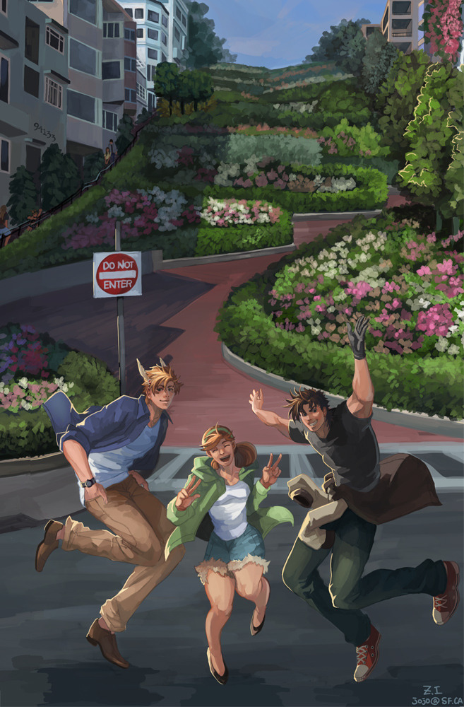 1girl, 2boys, bandana, blonde_hair, blue_jacket, brown_hair, bush, contemporary, converse, denim, denim_skirt, feather_hair_ornament, feathers, flower, gloves, green_jacket, hair_flower, hair_ornament, hairband, hands_in_pockets, jacket, jeans, jojo_no_kimyou_na_bouken, jumping, lombard_street, multiple_boys, pants, road_sign, san_francisco, sign, single_glove, skirt, suzi_q, watch, watch, z.i