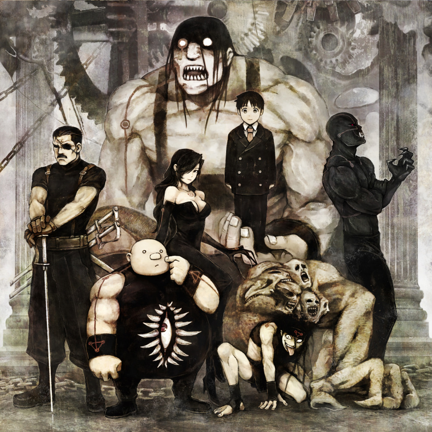 black_hair, envy, envy_(fma), everyone, eyepatch, fullmetal_alchemist, gears, gloves, glowing, glowing_eyes, gluttony, greed, hair_over_one_eye, highres, homunculus, king_bradley, lust, monochrome, monster, pride, selim_bradley, sepia, sloth, spoilers, sword, weapon, wrath, yanmar