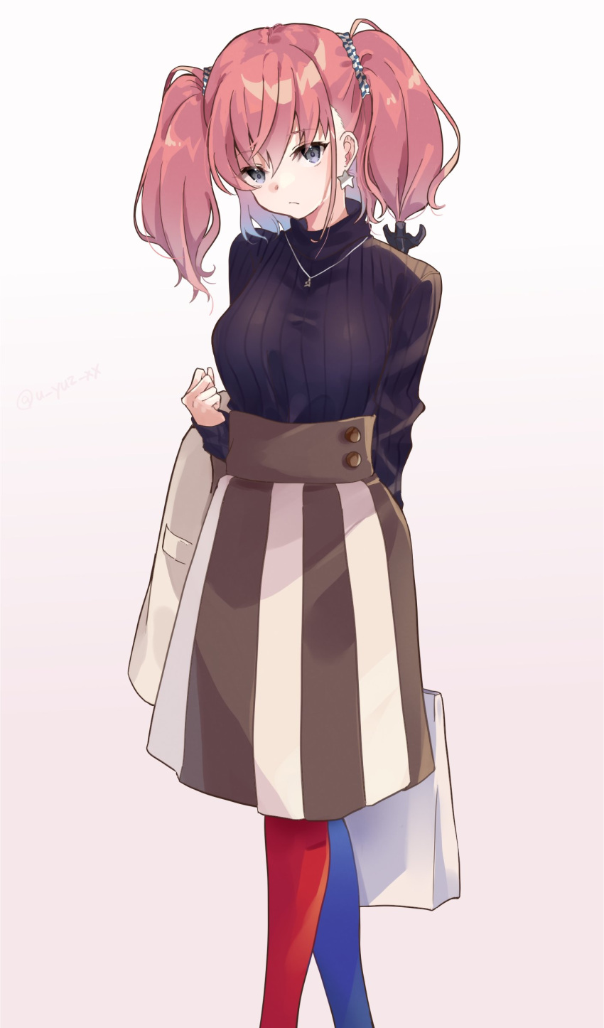 1girl, anchor_hair_ornament, asymmetrical_legwear, atlanta_(kancolle), bag, black_sweater, blue_legwear, brown_hair