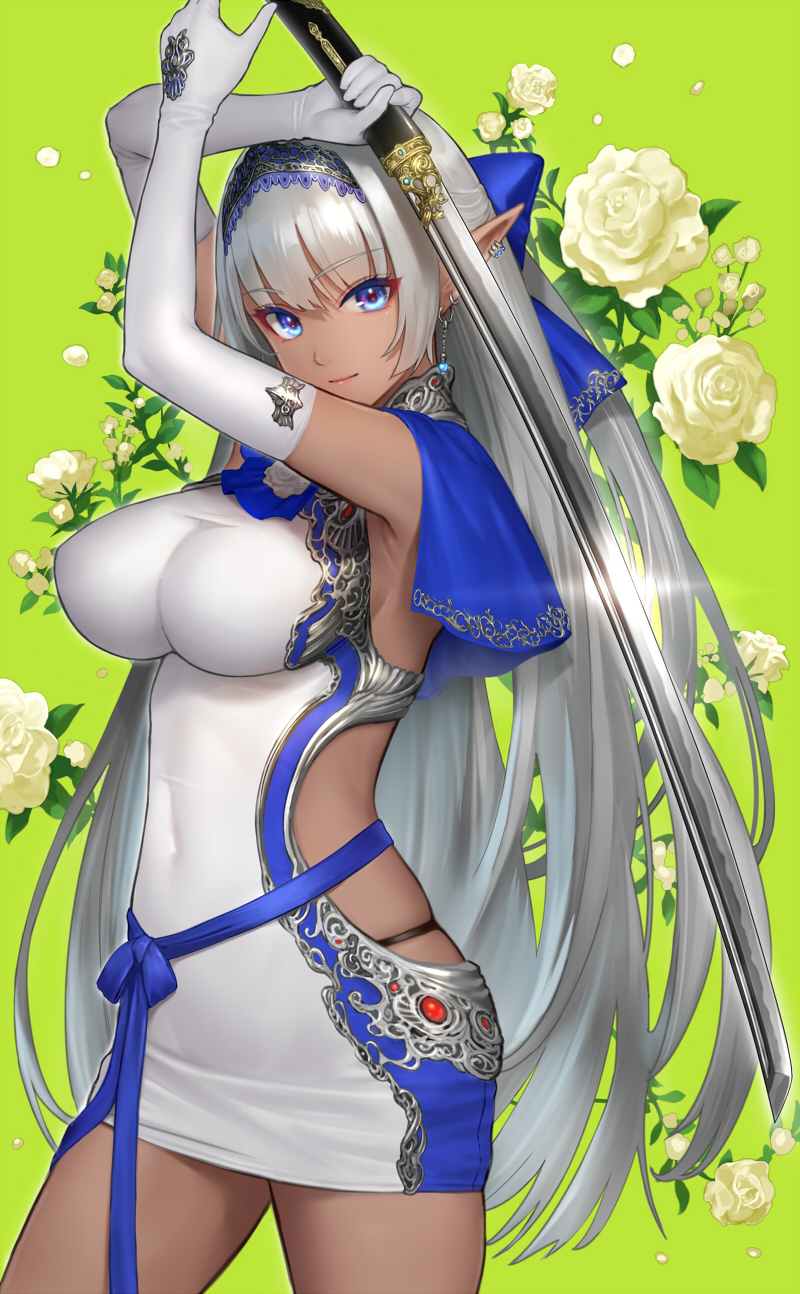 1girl, armpits, arms_up, backless_dress, backless_outfit, bangs, black_panties, blue_bow, blue_capelet, blue_eyes, blue_hairband, blunt_bangs, bow, capelet, closed_mouth, covered_navel, cowboy_shot, dark-skinned_female, dark_skin, dress, ear_piercing, elbow_gloves, elf, eyebrows_visible_through_hair, floral_background, flower, gloves, green_background, hair_bow, hairband, highres, hiyashiru, impossible_clothes, impossible_dress, lipstick, long_hair, looking_at_viewer, makeup, one_side_up, original, panties, piercing, pointy_ears, rose, short_dress, silver_hair, silver_trim, skindentation, smile, solo, underwear, very_long_hair, white_dress, white_flower, white_gloves, white_rose