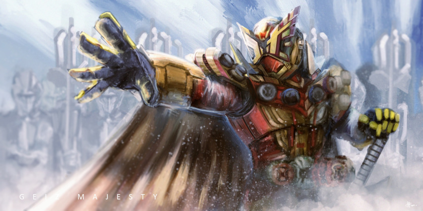 1boy, alternate_costume, armor, army, blue_sky, cape, english_text, geiz_majesty, gloves, highres, kamen_rider, kamen_rider_geiz, kamen_rider_zi-o_(series), male_focus, official_alternate_costume, red_armor, rider_watch, sheath, sheathed, sky, yellow_cape, yellow_gloves, yygnzm, ziku_driver