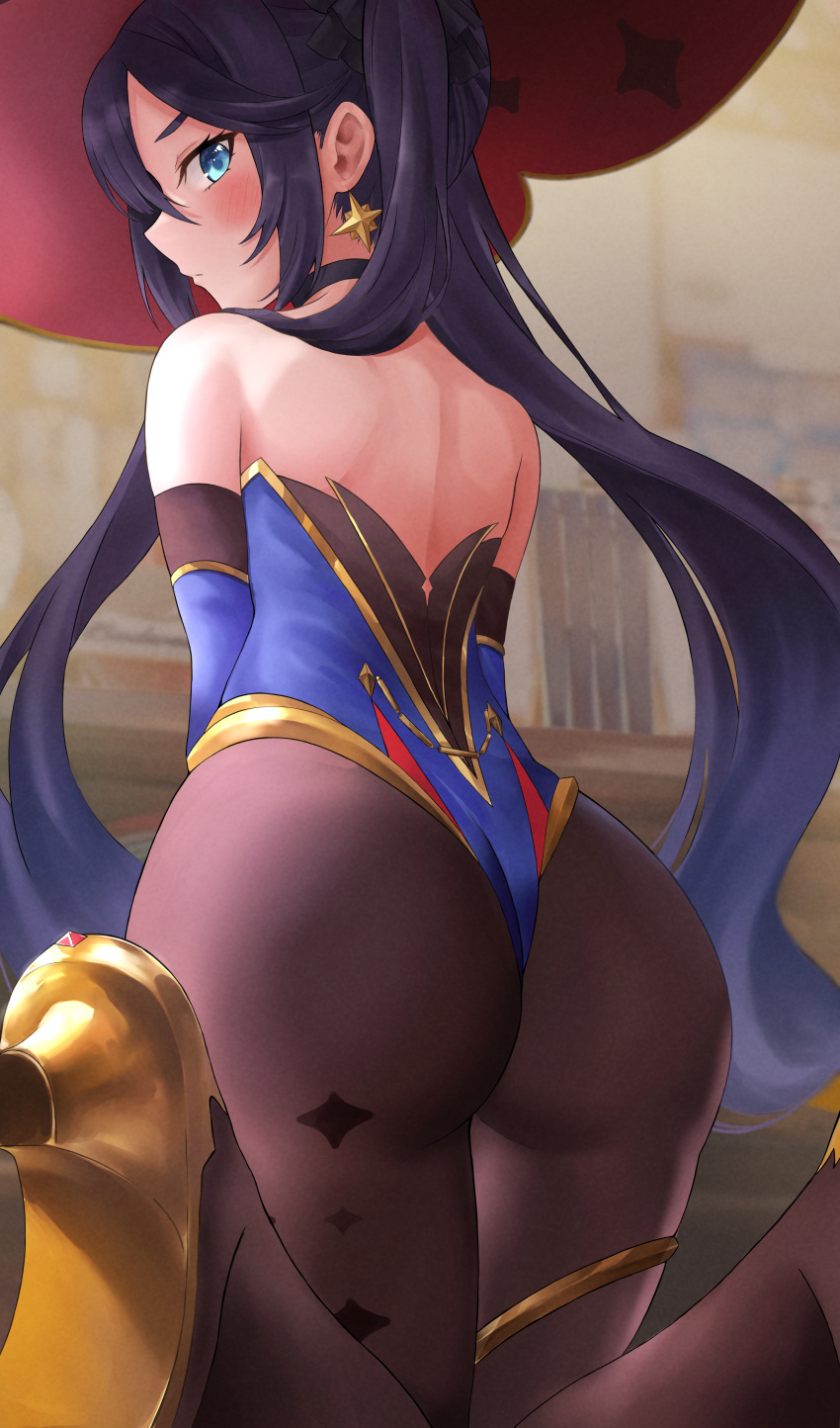 1girl, absurdres, ass, bare_shoulders, black_choker, black_legwear, blue_eyes, blue_leotard