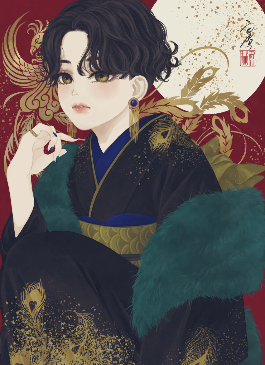 1girl, absurdres, aqua_shawl, bird, black_hair, black_kimono, blue_nails, circle
