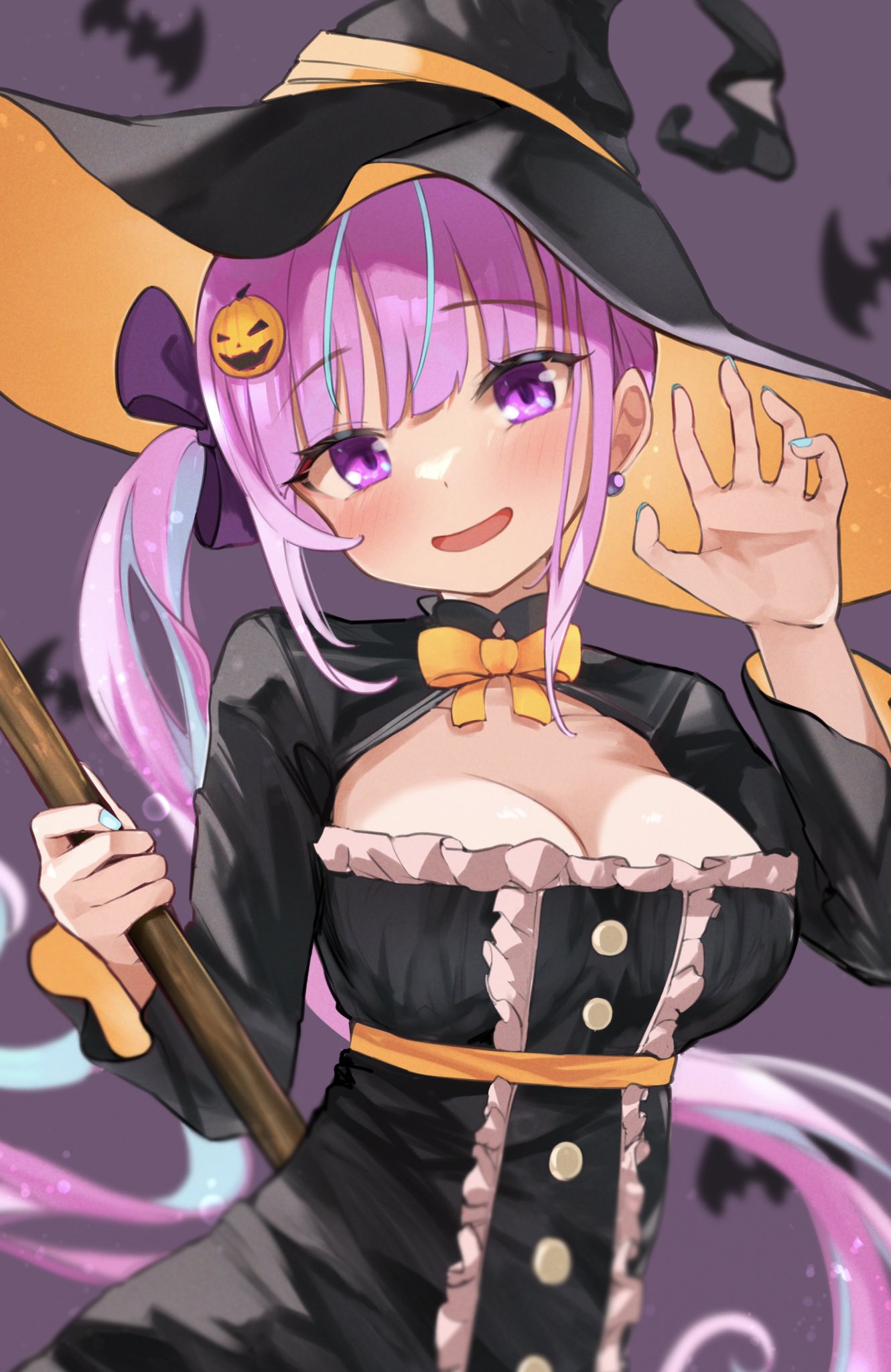 1girl, bangs, bat_background, black_dress, bow, breasts, cleavage_cutout, clothing_cutout