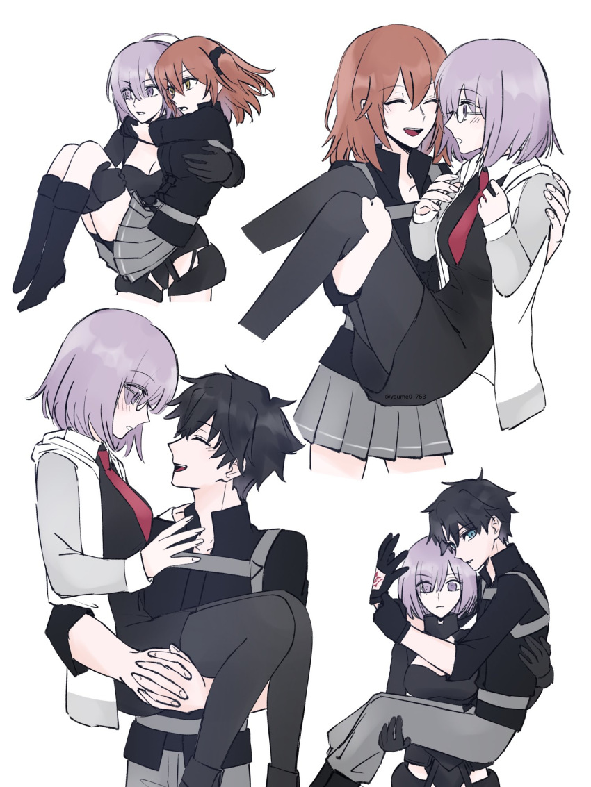 1boy, 2girls, armor, bangs, black_armor, black_dress, black_footwear, black_gloves