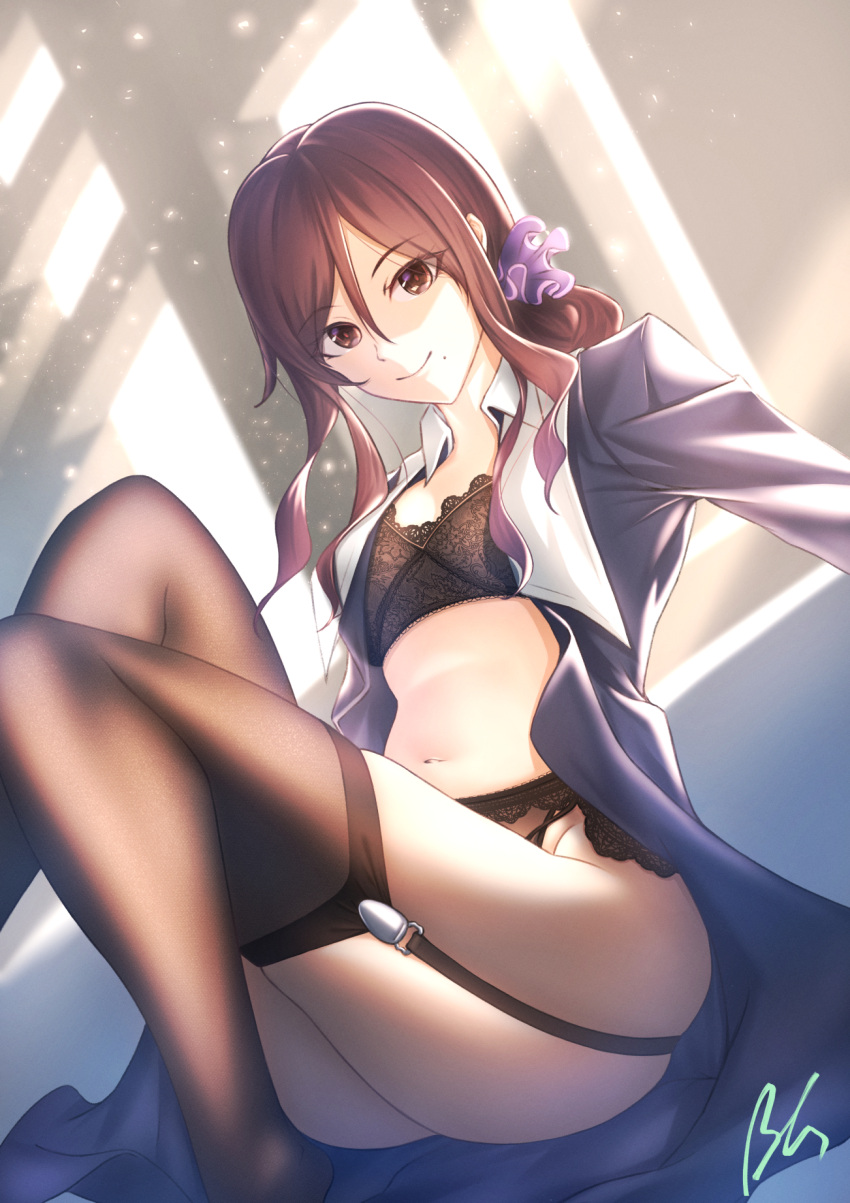 1girl, bangs, belly_button, black_bra, black_garter_belt, black_garter_straps, black_lingerie, black_panties