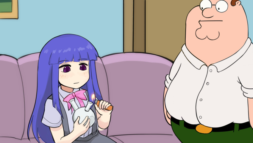 1boy, 1girl, :|, bangs, belt, black_skirt, blue_hair, blunt_bangs