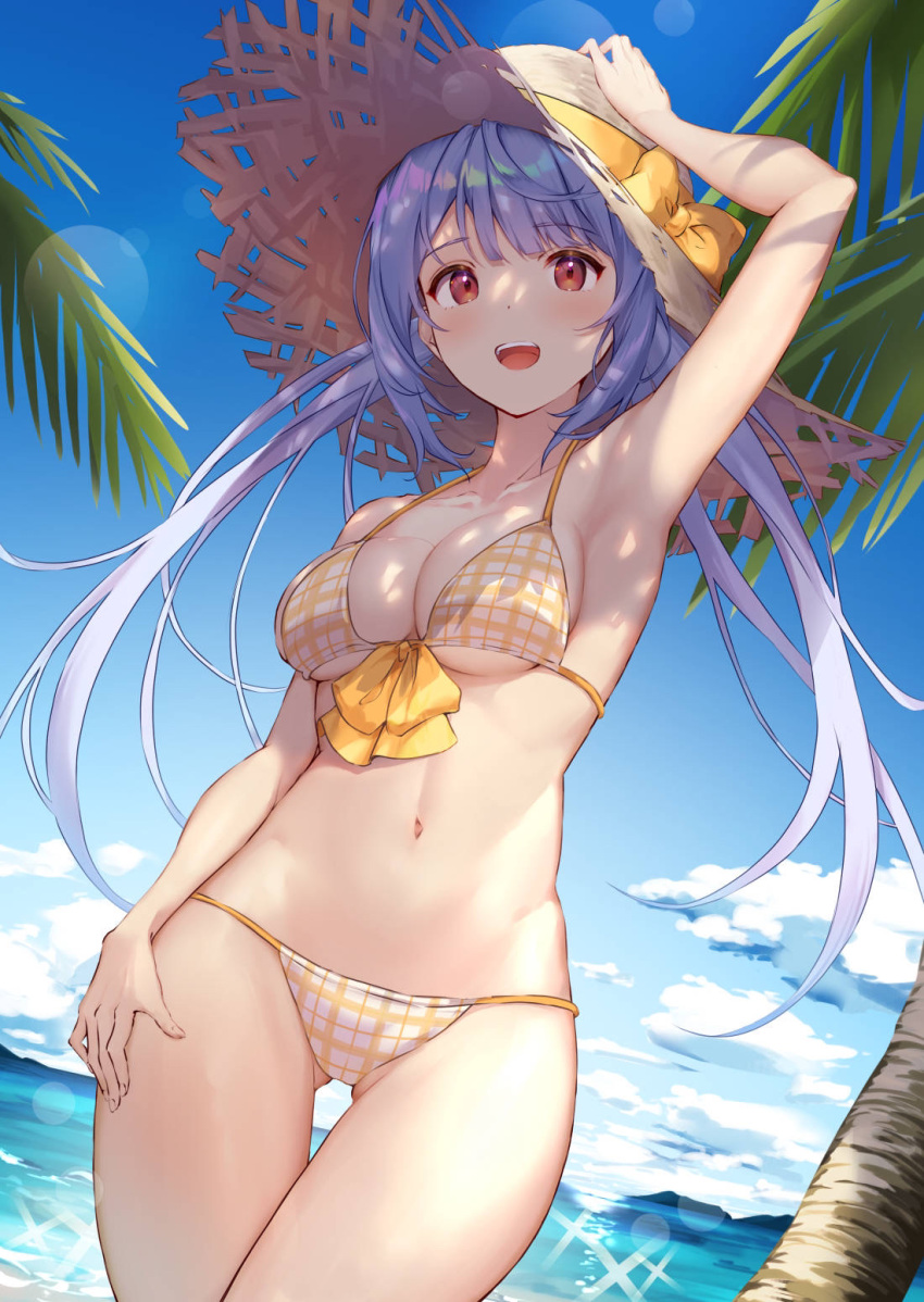 1girl, :d, arm_up, armpits, ass_visible_through_thighs, bangs, bikini, blunt_bangs, blush, bow, bow_bikini, breasts, cowboy_shot, day, dutch_angle, eyebrows_visible_through_hair, hand_on_headwear, hand_on_hip, hat, hat_bow, highres, lens_flare, long_hair, looking_at_viewer, medium_breasts, metatarou, navel, ocean, open_mouth, original, outdoors, palm_tree, plaid, plaid_bikini, purple_hair, shade, sidelocks, smile, solo, sparkle, standing, straw_hat, string_bikini, sun_hat, swimsuit, thigh_gap, tree, twintails, under_boob, yellow_bikini