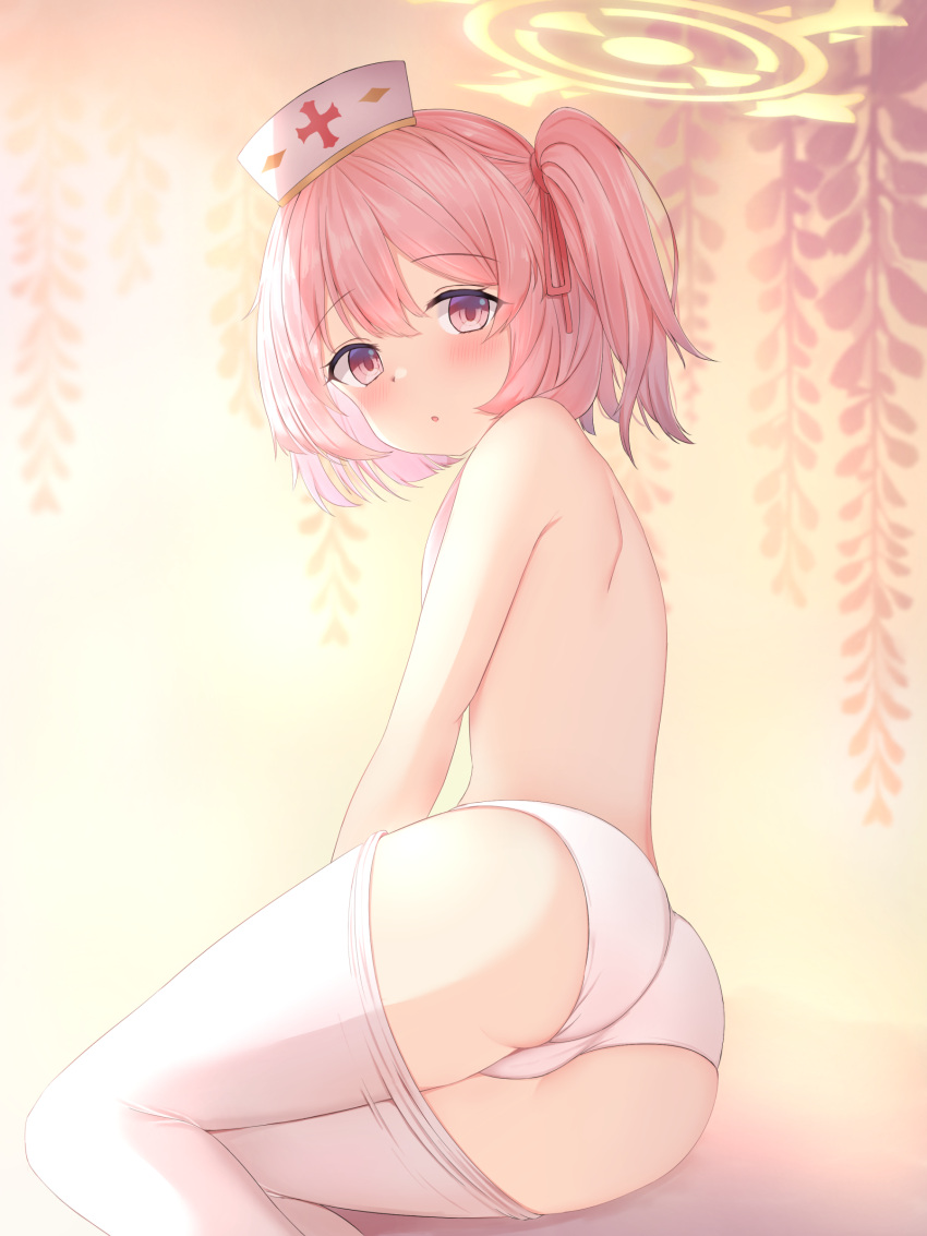 1girl, absurdres, ass, blue_archive, blurry, blurry_background, blush, clothes_pull