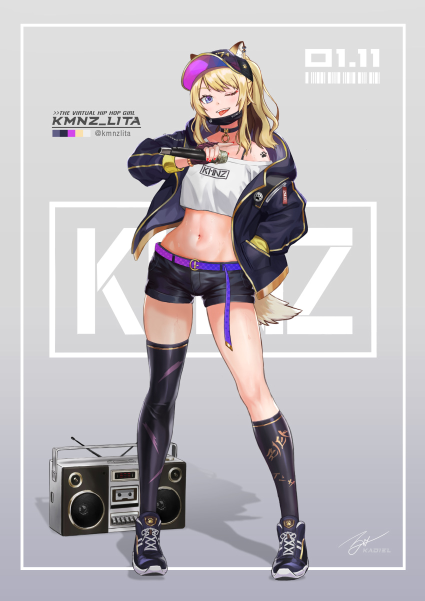 1girl, ;p, absurdres, animal_ears, asymmetrical_legwear, baseball_cap, belt, blonde_hair