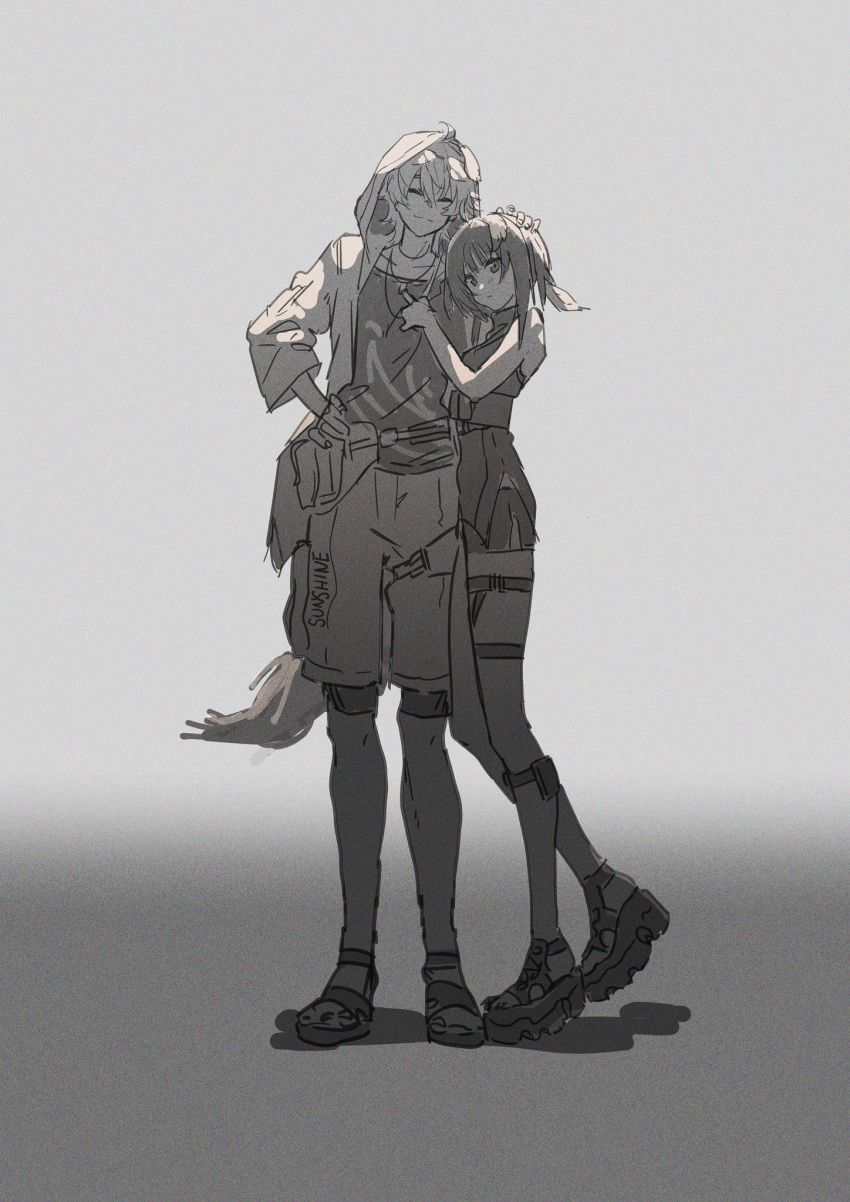 1boy, 1girl, abura_yu99, animal_ears, arknights, bangs, bare_shoulders, blush, brother_and_sister, closed_mouth, dog_boy, dog_ears, dog_tail, eyewear_on_head, feather_hair, highres, hood, hood_up, hooded_jacket, jacket, la_pluma_(arknights), monochrome, open_clothes, open_jacket, short_hair, siblings, sleeveless, sunglasses, tail, tequila_(arknights), thigh_strap, turtleneck