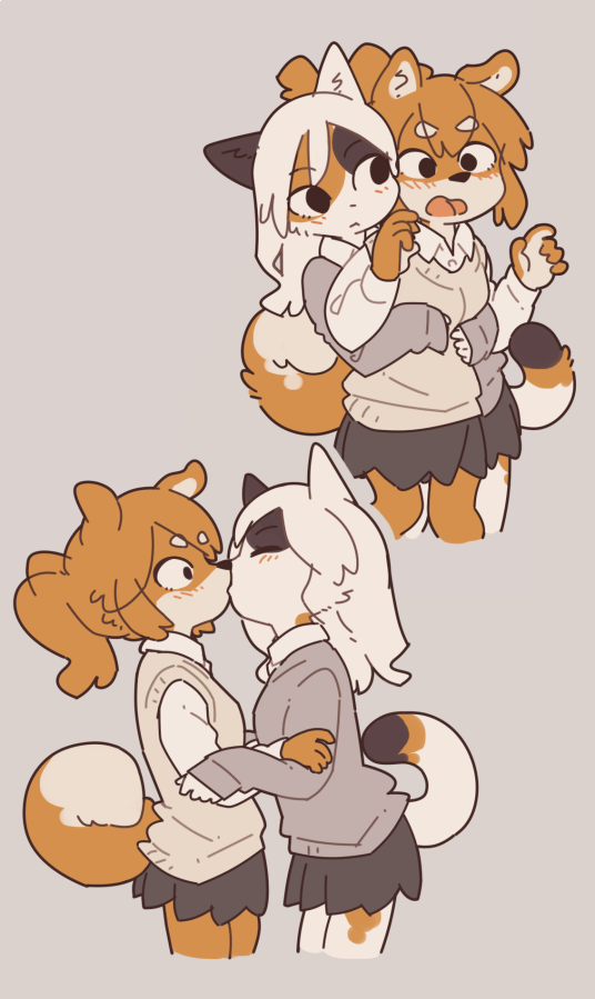 2girls, :<, ^_^, animal_ear_fluff, animal_ears, animal_nose, bangs, beige_sweater