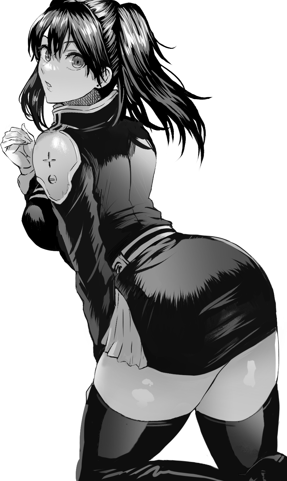 1girl, black_order_uniform, breasts, d.gray-man, daraz18aka, earrings, from_behind, greyscale, hair_between_eyes, highres, jewelry, lenalee_lee, long_hair, long_sleeves, looking_at_viewer, looking_back, medium_breasts, miniskirt, monochrome, parted_lips, pleated_skirt, skirt, sleeve_cuffs, solo, thigh-highs, twintails, white_background, zettai_ryouiki