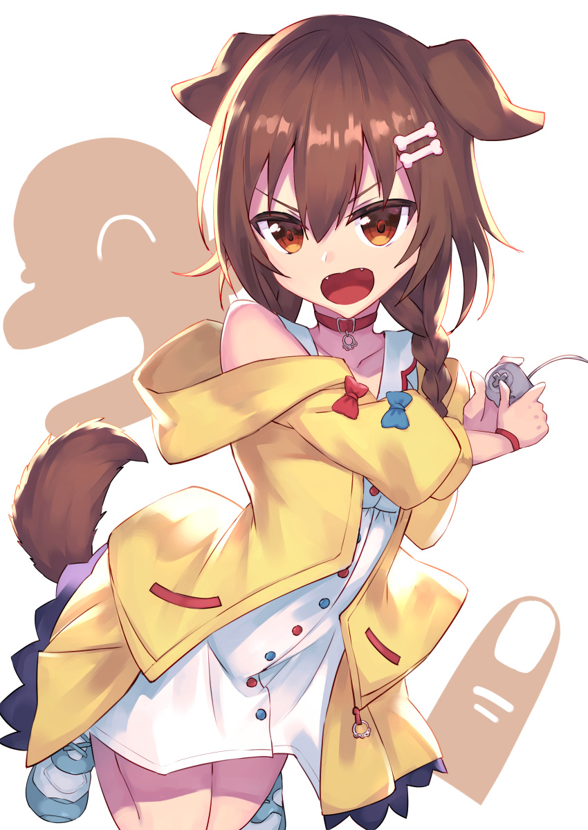 1girl, absurdres, animal_ears, bangs, blue_bow, blue_footwear, bone_hair_ornament, bow, bow_dress, braid, brown_hair, choker, collarbone, controller, dog_ears, dog_girl, dog_tail, dress, fangs, game_controller, hair_between_eyes, hair_ornament, highres, holding, holding_controller, holding_game_controller, hololive, inugami_korone, kneeling, long_hair, masaki_(msk064), multicolored_clothes, multicolored_dress, open_mouth, orange_eyes, paw_ornament, red_bow, red_choker, red_wristband, shoes, short_dress, simple_background, solo, tail, twin_braids, virtual_youtuber, white_background, white_dress, yellow_dress