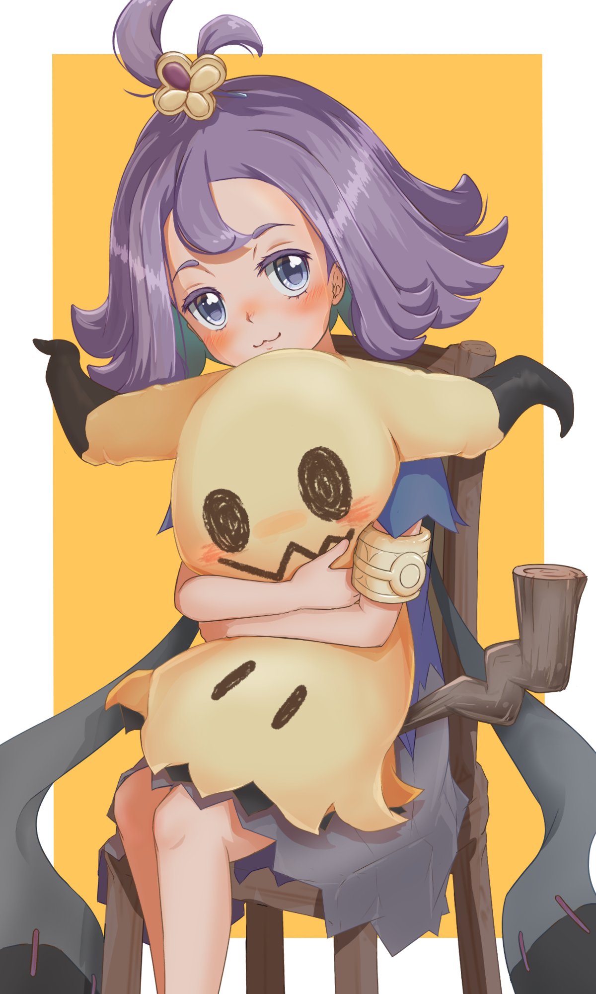 1girl, :3, acerola_(pokemon), akatsuki_(akatsukinotsuki), armlet, bangs, blue_dress, blush, chair, closed_mouth, commentary_request, dress, eyelashes, flipped_hair, grey_dress, grey_eyes, hair_ornament, hairclip, highres, holding, holding_pokemon, knees, looking_at_viewer, medium_hair, mimikyu, multicolored_clothes, multicolored_dress, on_chair, pokemon, pokemon_(creature), pokemon_(game), pokemon_sm, purple_hair, short_sleeves, sitting, smile, topknot, torn_clothes, torn_dress