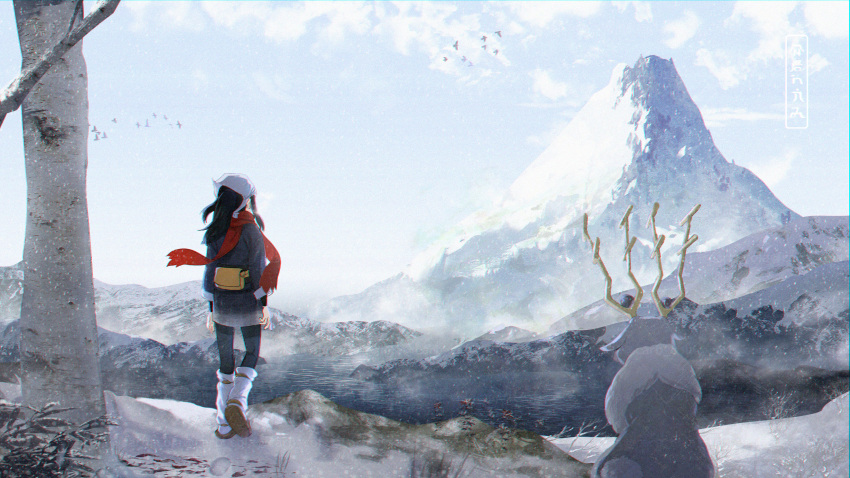 1girl, absurdres, akari_(pokemon), bird, black_hair, black_shirt, brown_footwear, clouds