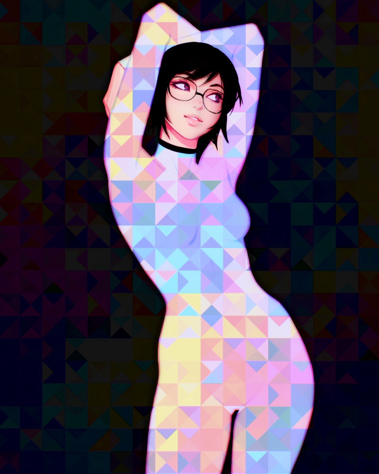 1girl, arms_up, black_background, black_hair, bodysuit, breasts, covered_collarbone, cowboy_shot