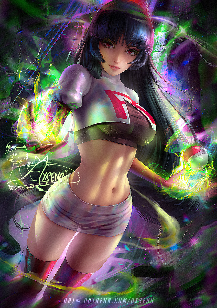 1girl, abs, axsen, bangs, banned_artist, black_hair, boots, breasts