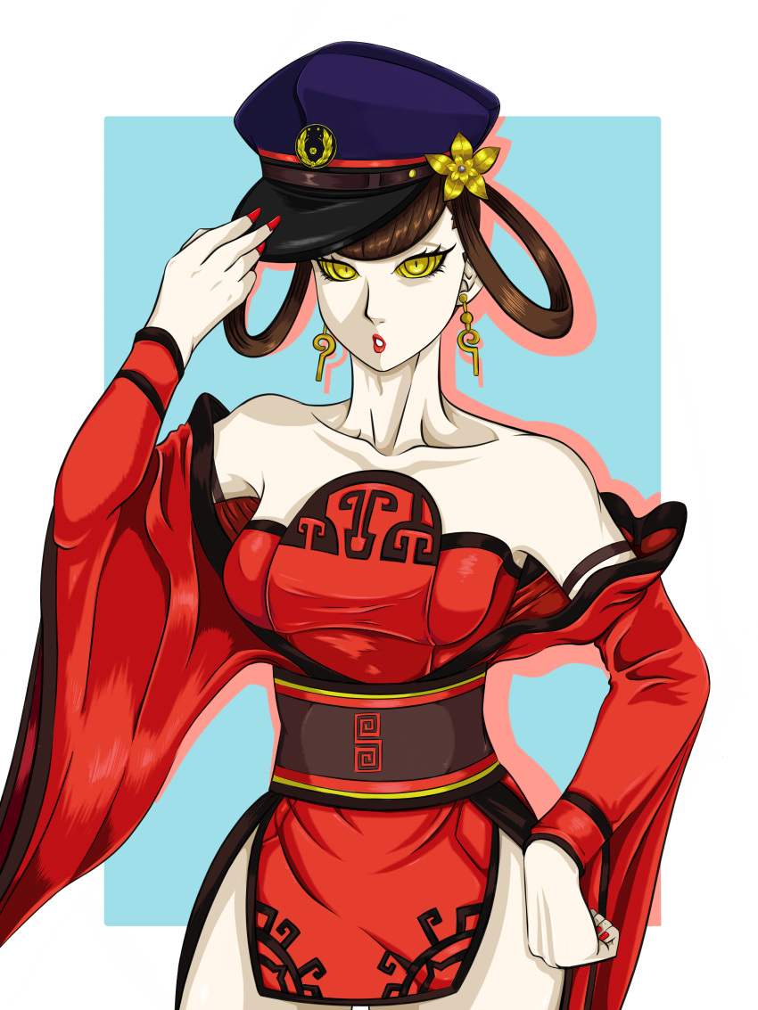 1girl, absurdres, dress, earrings, ememtrp, hat, highres, impossible_hair