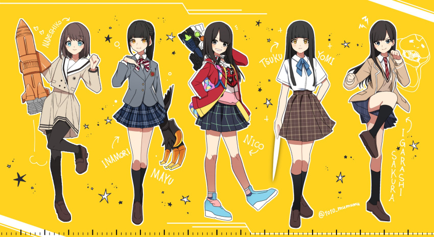 1010_mumumu, 5girls, :d, black_eyes, black_hair, blazer, blue_eyes, brown_hair