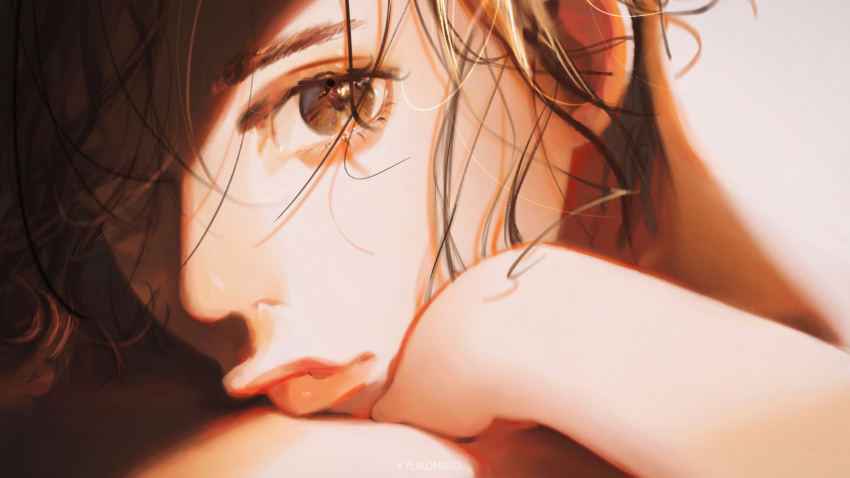 1girl, absurdres, bangs, brown_eyes, brown_hair, face, highres, kyuko2go