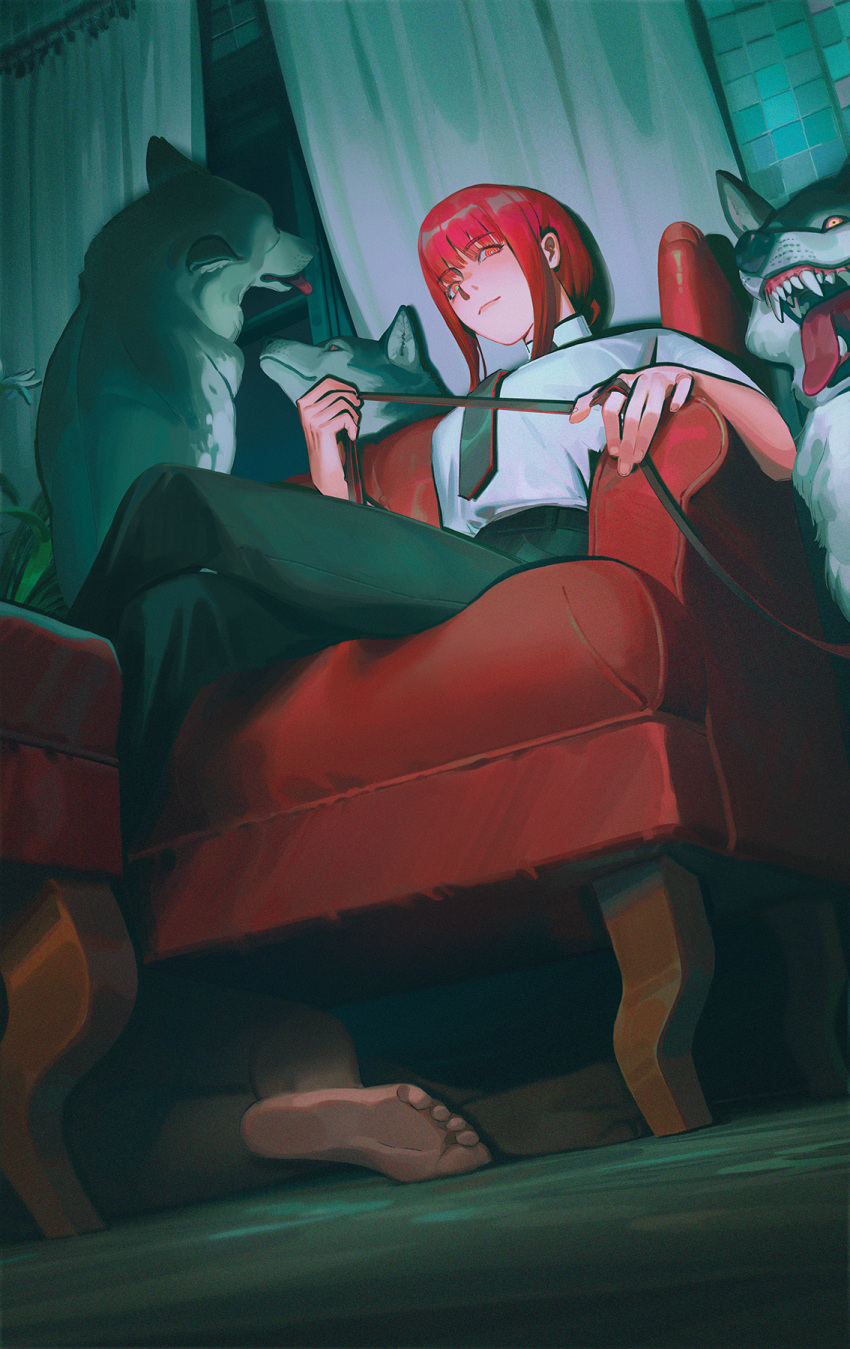 1boy, 1girl, bangs, blunt_bangs, chainsaw_man, crossed_legs, curtains, denji_(chainsaw_man)