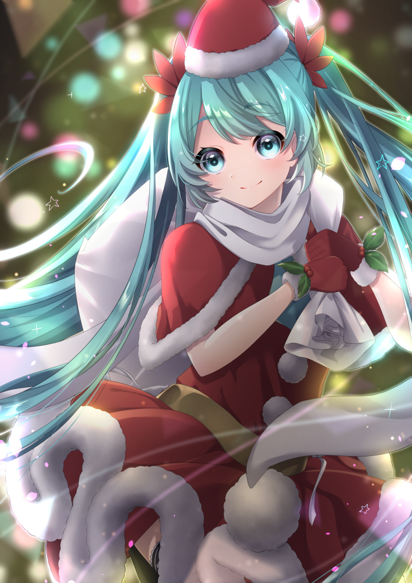 1girl, absurdres, bag, bangs, blue_eyes, blue_hair, blurry, blurry_background, capelet, closed_mouth, dress, eyebrows_visible_through_hair, floating_hair, fur-trimmed_capelet, fur-trimmed_dress, fur-trimmed_gloves, fur-trimmed_headwear, fur_trim, gift_bag, gloves, hat, hatsune_miku, highres, holding, holding_bag, izumikiyomaru, long_hair, looking_at_viewer, red_capelet, red_dress, red_gloves, red_headwear, santa_costume, santa_hat, shiny, shiny_hair, smile, solo, very_long_hair, vocaloid