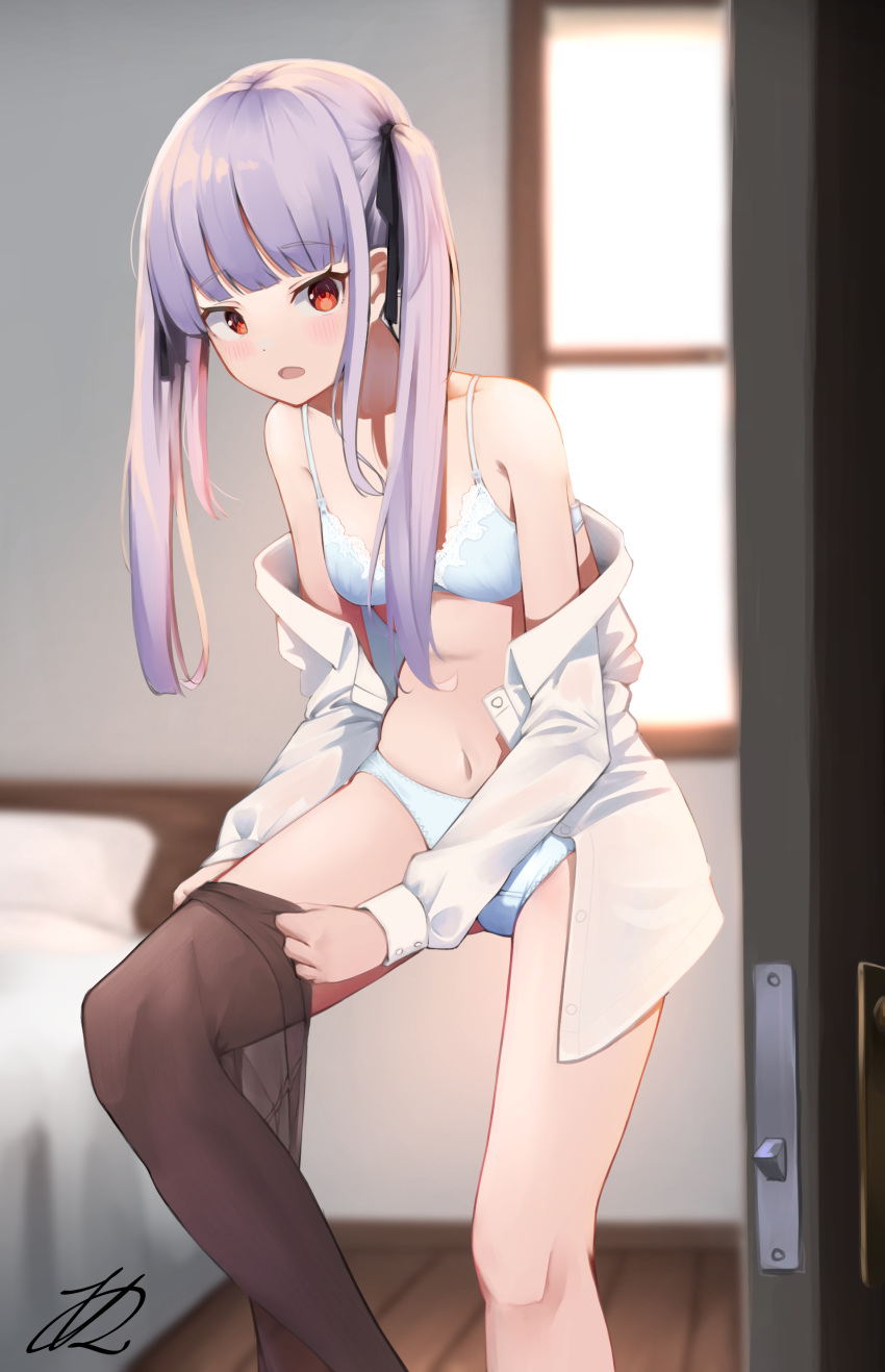 1girl, absurdres, akinoji_(akiponpon27), bangs, bedroom, black_ribbon, blunt_bangs, blurry