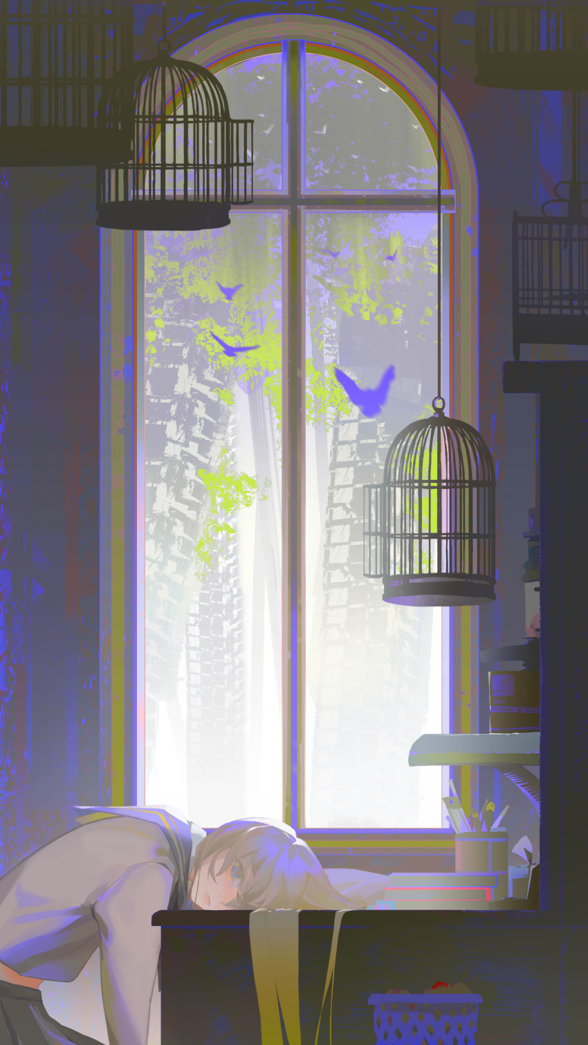 1girl, absurdres, bird, birdcage, black_skirt, blue_eyes, brown_hair, cage