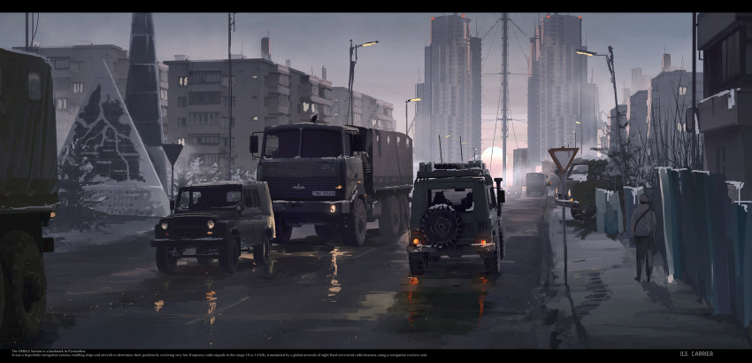 chinese_commentary, cityscape, commentary_request, english_text, ground_vehicle, haguruma_c, highres, lamppost, letterboxed, lights, maz-6317, mercedes-benz, mercedes-benz_g-class, motor_vehicle, original, overcast, radio_tower, road, snow, sunrise, truck, uaz_452, uaz_469, wet