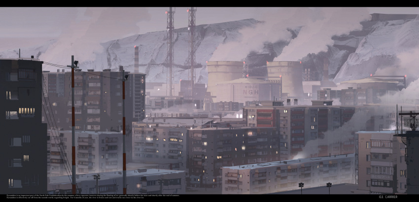chinese_commentary, cityscape, commentary_request, cooling_tower, english_text, haguruma_c, highres, letterboxed