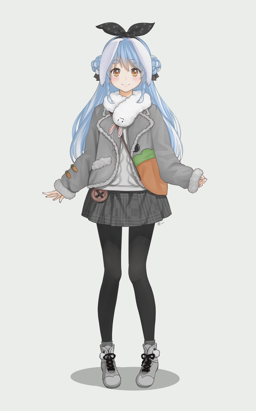 1girl, alternate_costume, animal_ears, aran_sweater, bag, black_hairband, black_legwear, blush, bow, bow_hairband, braid, braided_bun, closed_mouth, coat, don-chan_(usada_pekora), double_bun, ears_down, eyebrows_visible_through_hair, full_body, fur_scarf, grey_coat, grey_footwear, grey_skirt, grey_sweater, hair_bow, hairband, handbag, highres, hololive, looking_at_viewer, miniskirt, orange_eyes, pantyhose, plaid, plaid_skirt, pleated_skirt, rabbit_ears, rabbit_girl, scarf, shoes, skirt, smile, sneakers, solo, sweater, tachi-e, thick_eyebrows, tsubaki_shirou, two_side_up, usada_pekora, virtual_youtuber, white_scarf